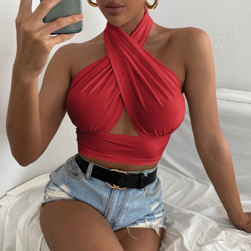 SHEIN Red Criss Cross Cropped Halter Top Sexy